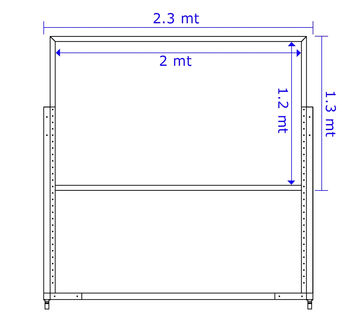 Imagen frontal del plano de una lightboard con lineas que tienen las dimensiones
