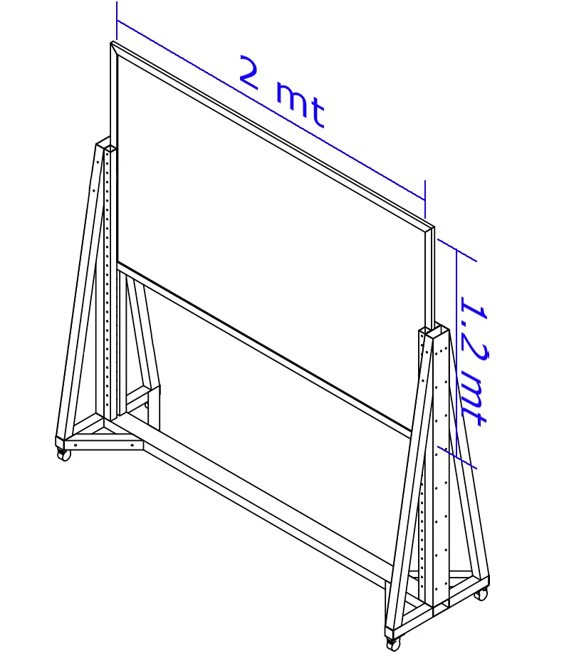 Imagen isometrica del plano de una lightboard con lineas que tienen las dimensiones